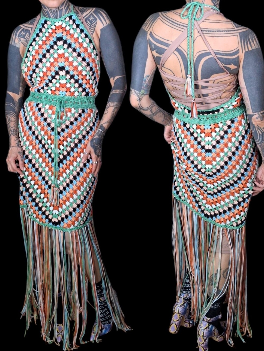 Colorful Crochet Knit Fringe Backless Maxi Dress S Sheer Boho Swim Cover Hippie